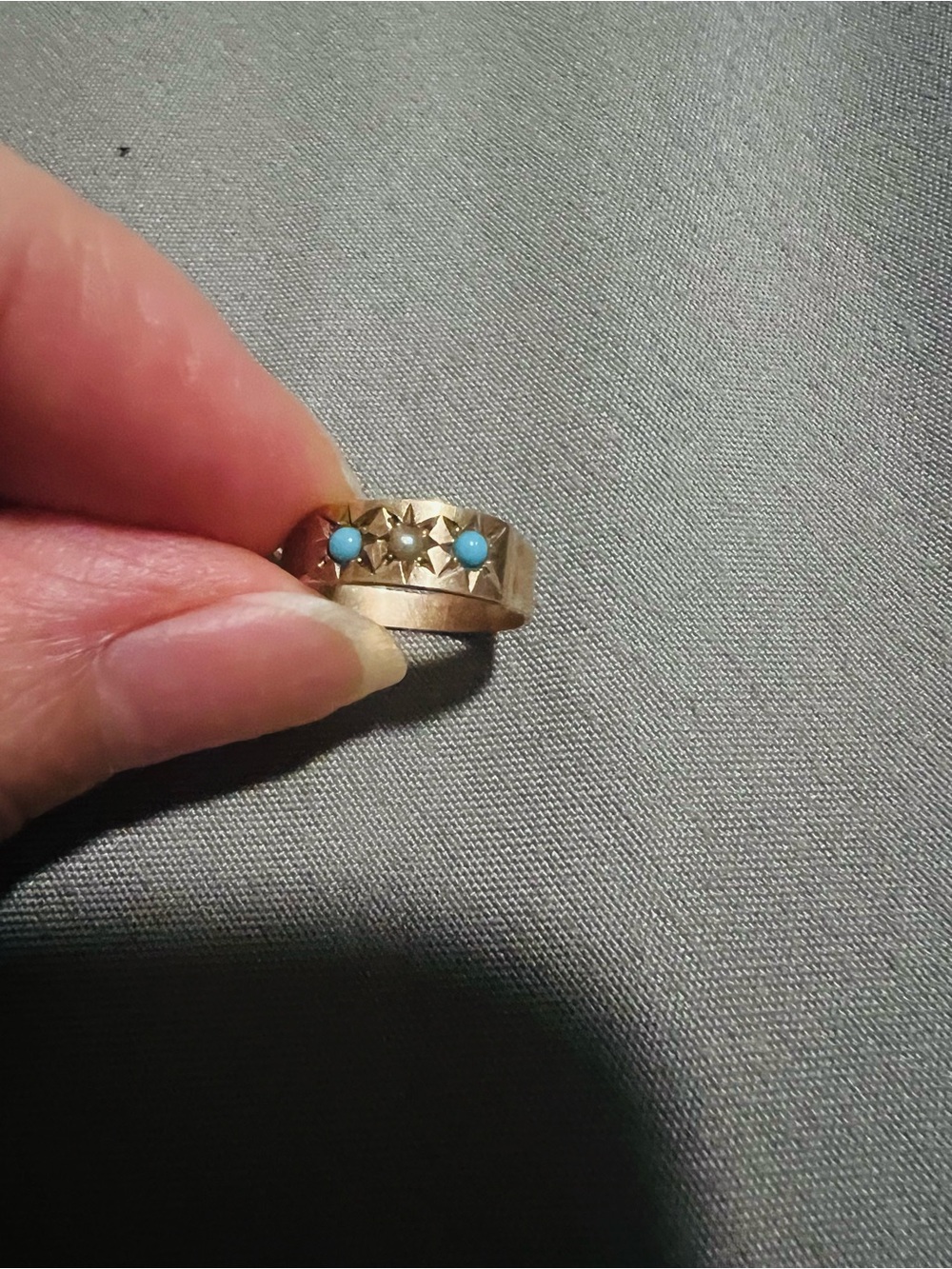 Antique Victorian 10K Gold Turquoise & Pearl Gypsy Ring | Size 0 Midi Ring - Picture 3 of 9